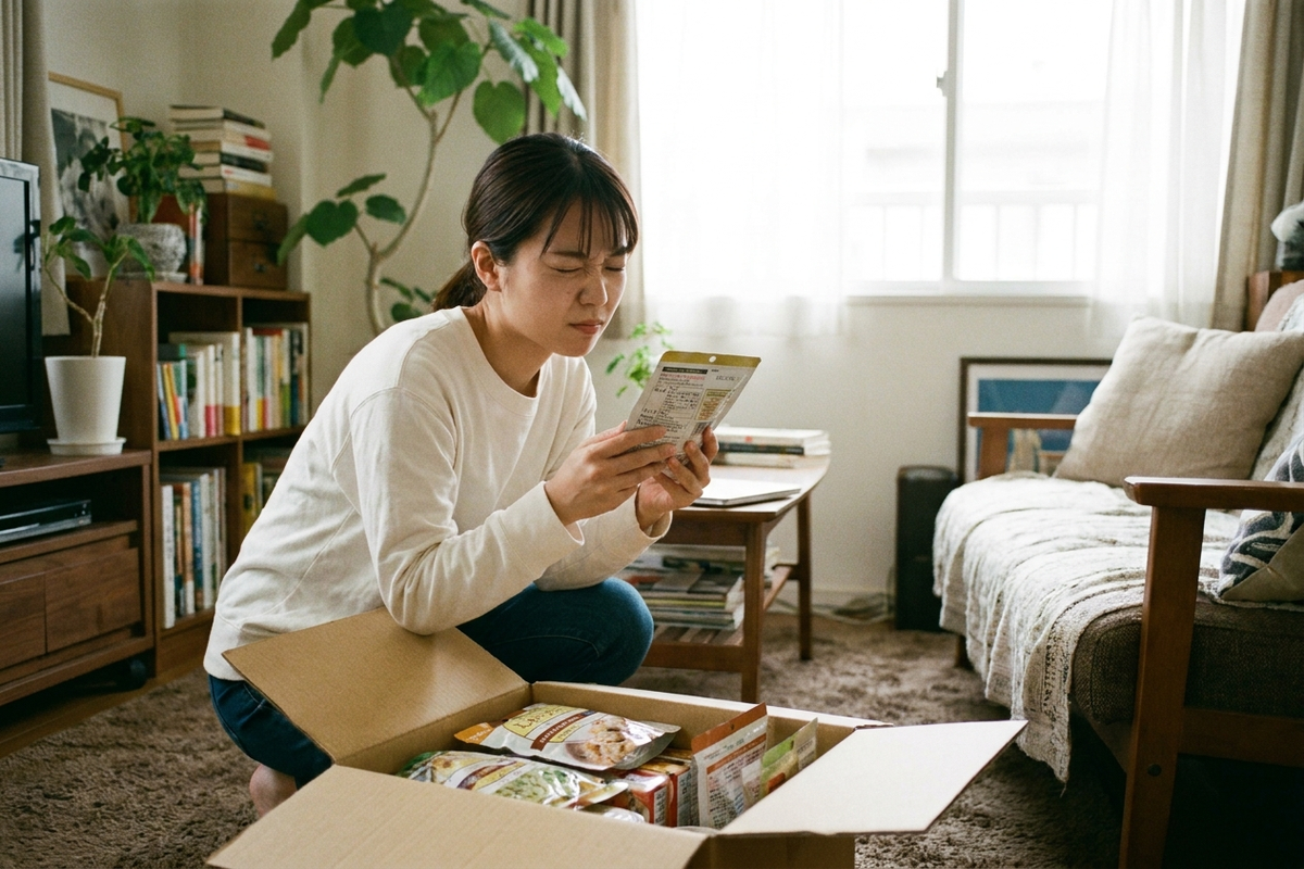防災の日を前に非常食の賞味期限をチェックする女性