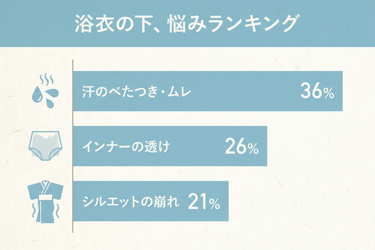 浴衣の下、悩みランキング。汗のべたつき・ムレ36%、インナーの透け26%、シルエットの崩れ21%を示す横棒グラフ