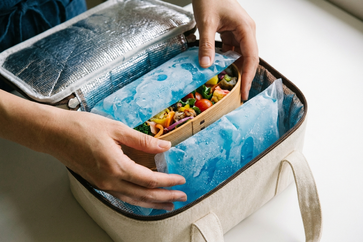 お弁当箱に保冷剤を上下から挟んで入れる手元