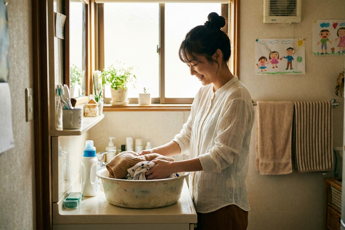洗面所で若い女性がたたんだニットやブラウスを手洗いしている様子