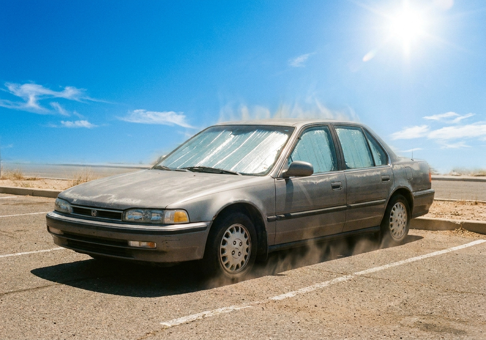 炎天下でサンシェードを取り付けた車