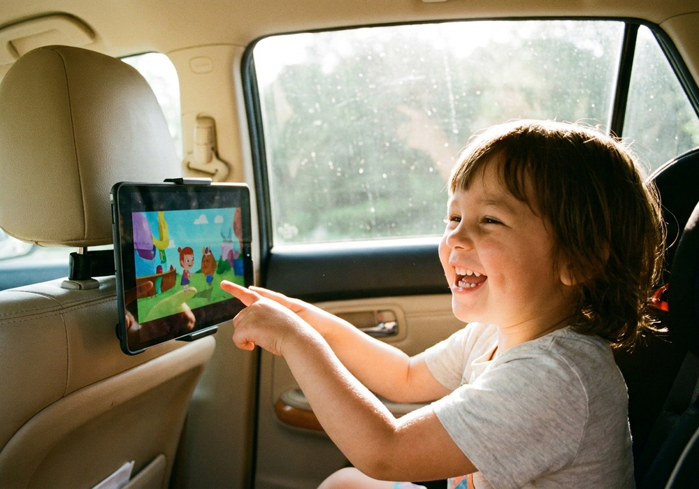 車内でタブレットを見て楽しそうにしている子供