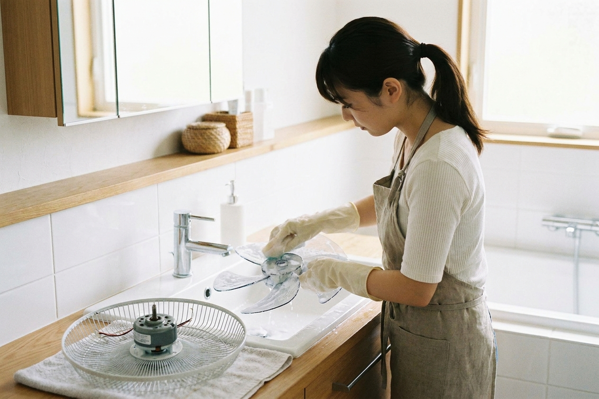 扇風機を分解して水洗いする様子