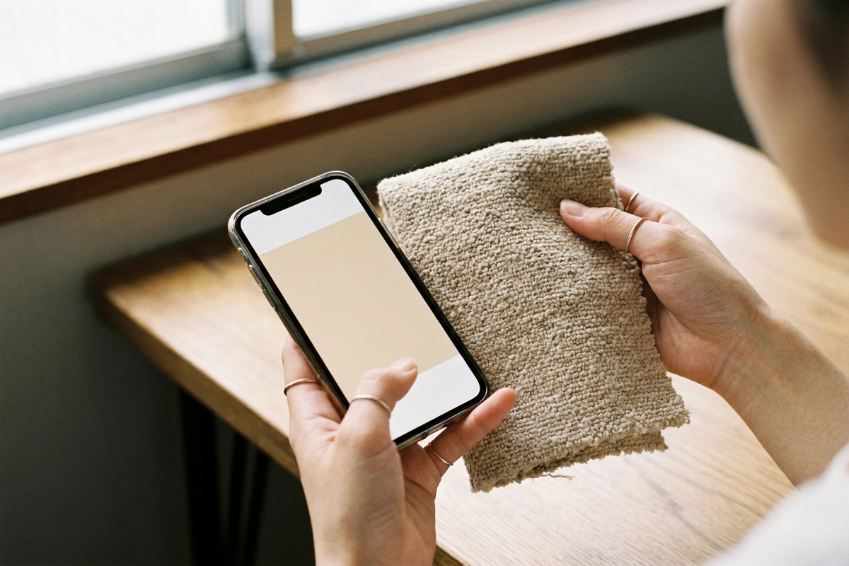 スマホの画面の色と実際のラグ生地サンプルを見比べる女性の手元