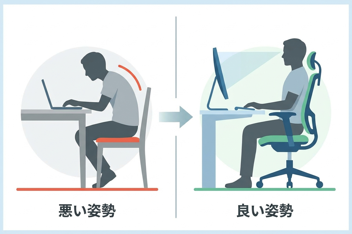 ダイニングテーブルで猫背になって作業する様子とオフィスチェアで正しい姿勢の対比イラスト