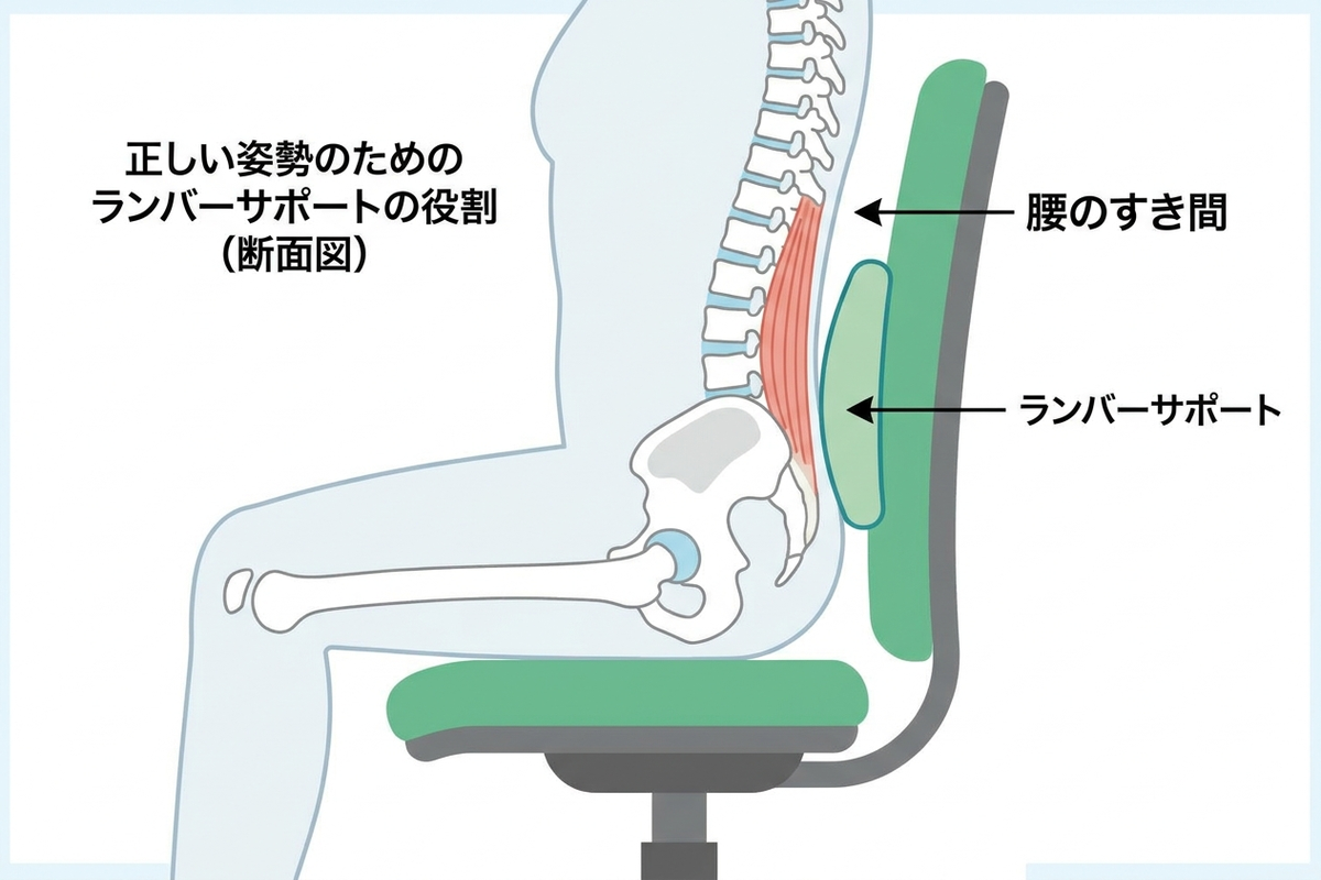 椅子の背もたれと腰の間にできる隙間をランバーサポートクッションで埋める断面イメージ図