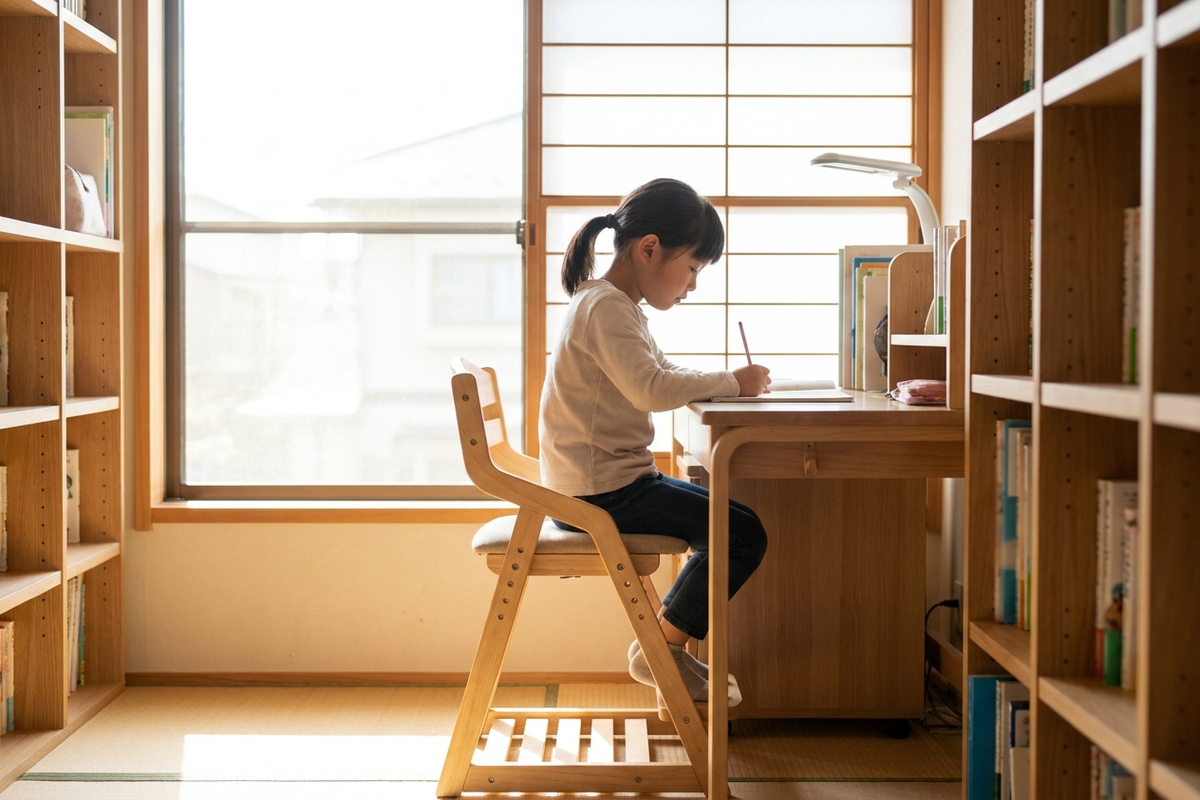 高さ調節できる椅子に座って学習机で宿題をする子ども