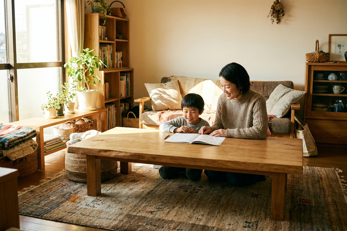 リビングの学習机で親と一緒に勉強する子ども