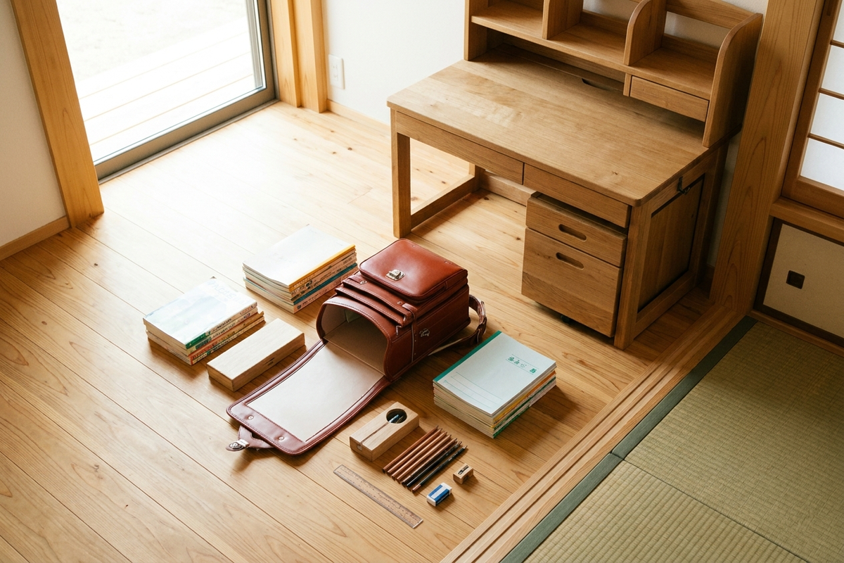入学準備グッズと一緒に置かれたコンパクトな学習机