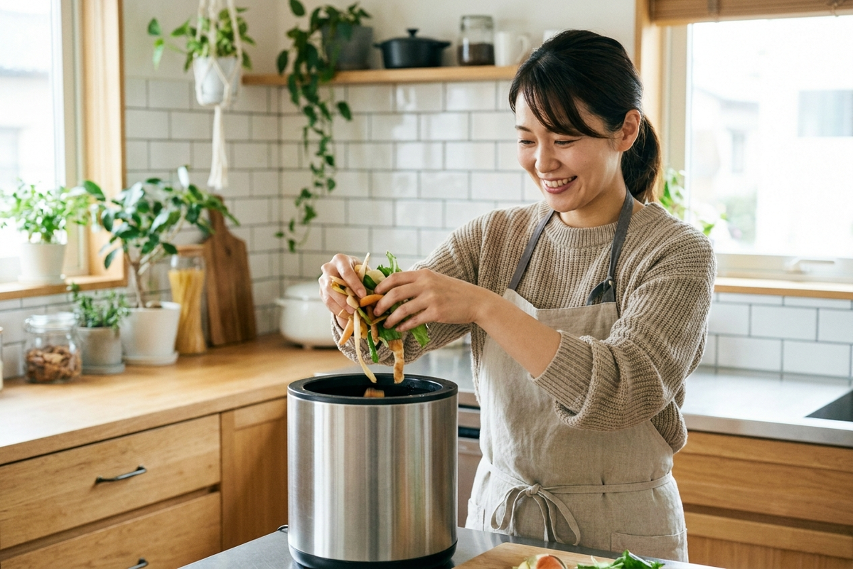 キッチンで生ゴミ処理機に野菜くずを入れる女性