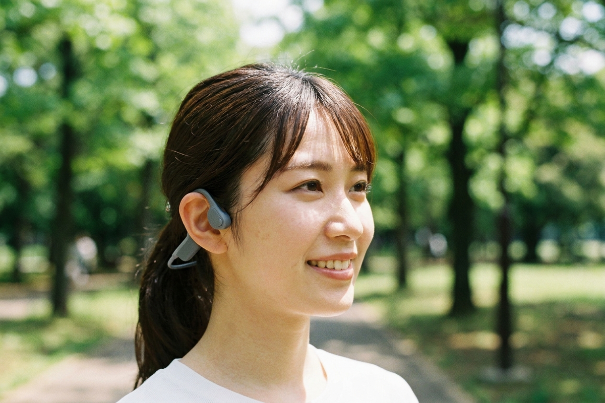 骨伝導・オープンイヤー型イヤホンを装着する女性