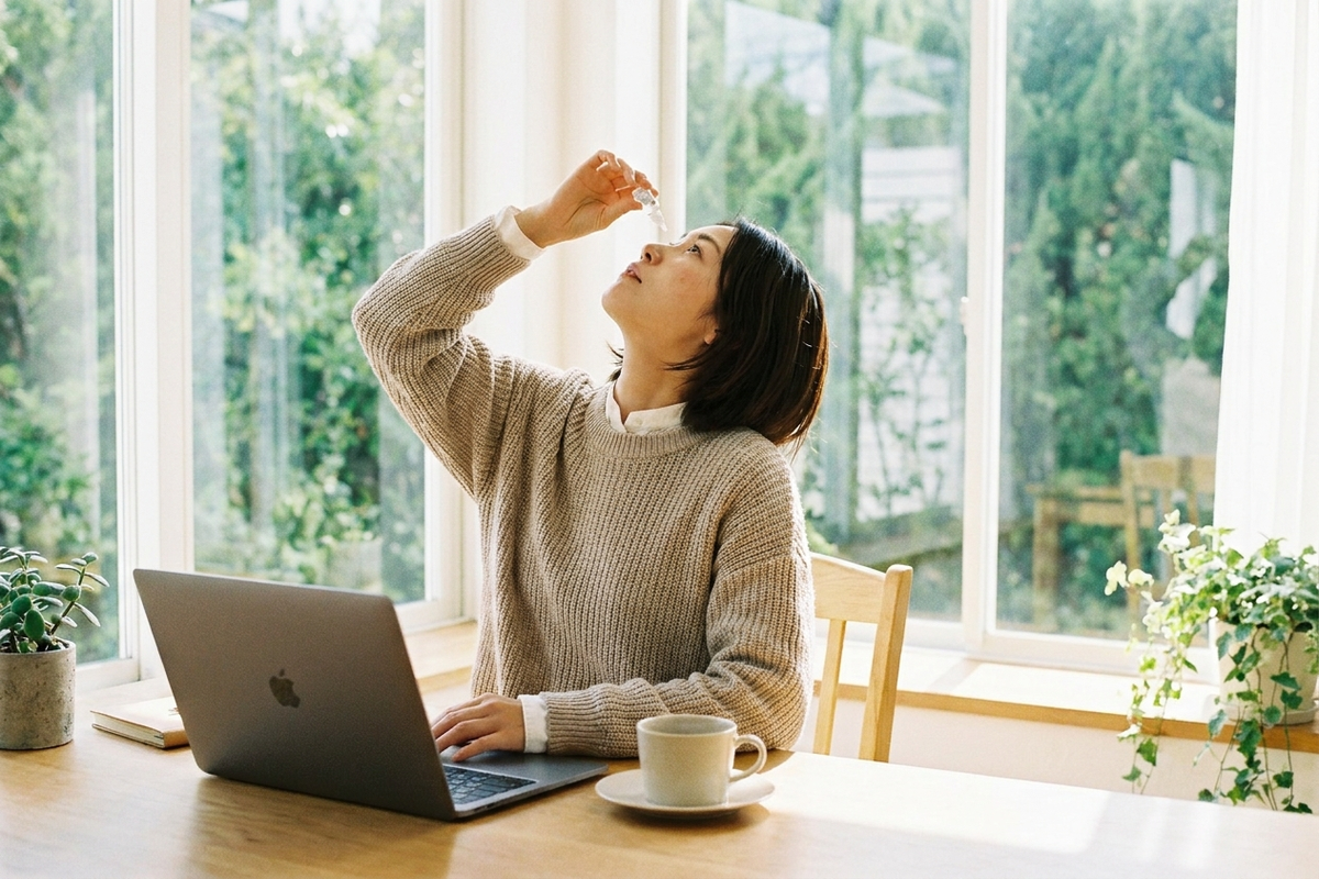 目薬を点眼してリフレッシュする女性