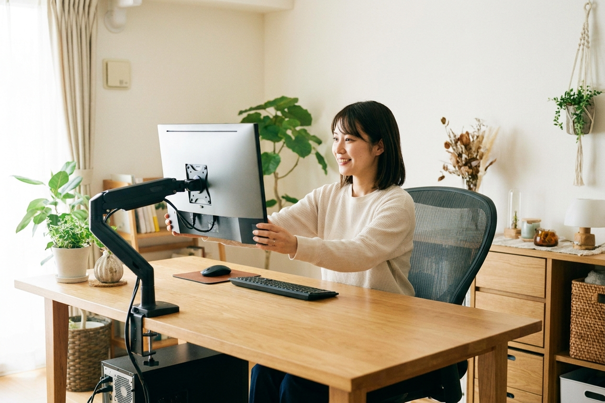 モニターアームで画面の高さを調整する女性