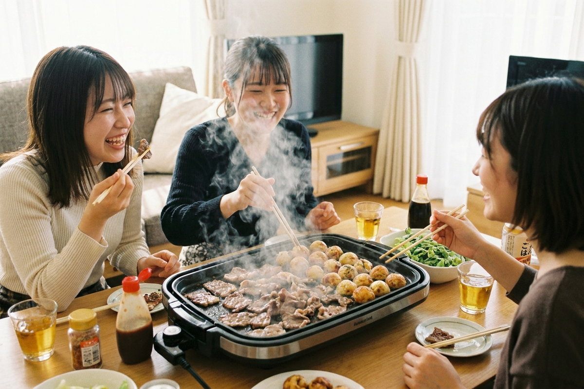 ホットプレートを囲んで食事を楽しむ女性