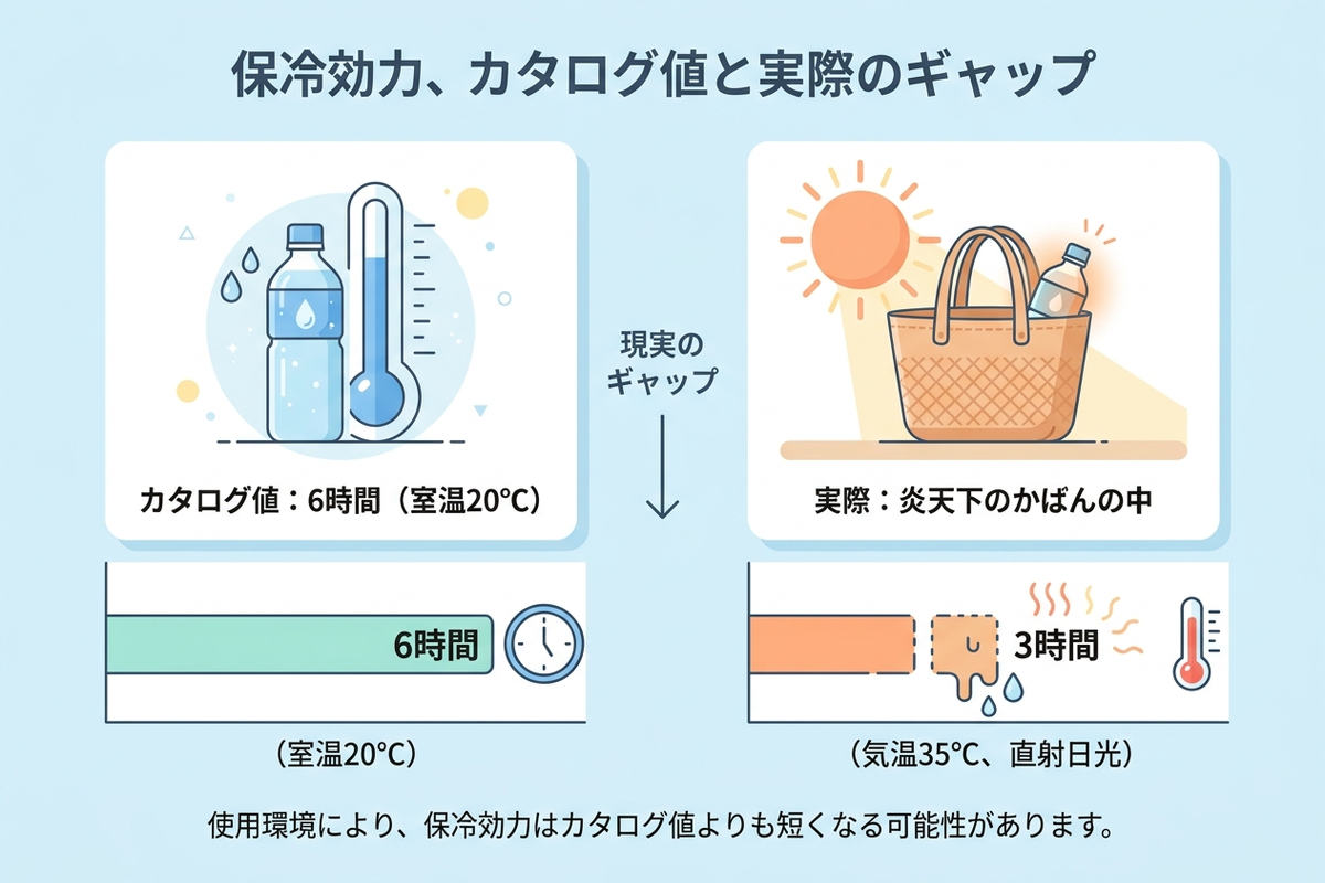 保冷効力のカタログ値と実際のギャップを示す図