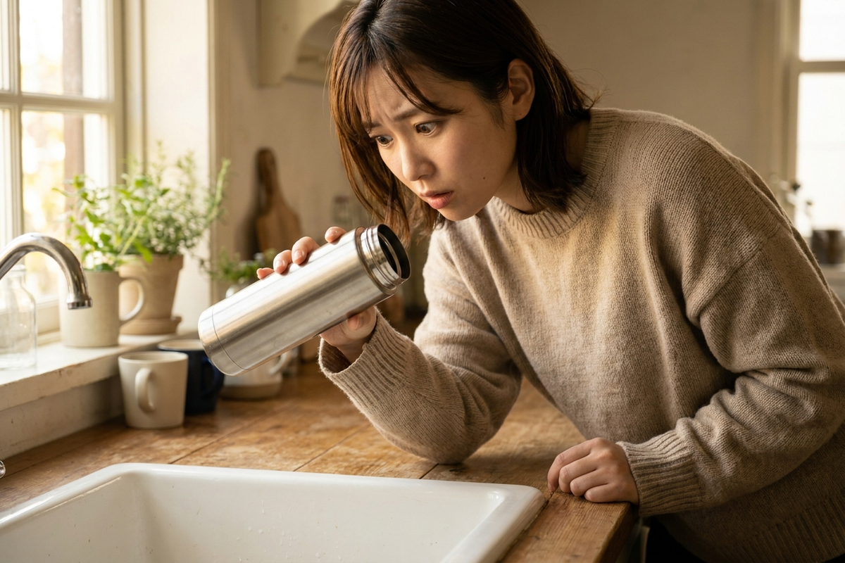水筒の中を心配そうに覗き込む女性