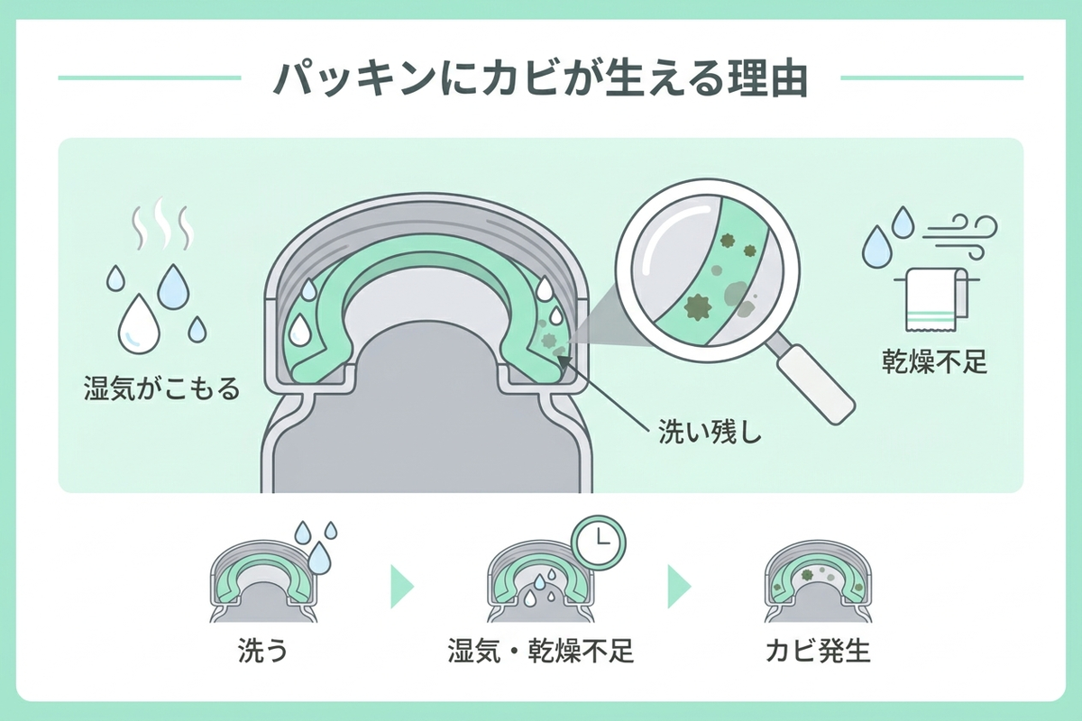 水筒のパッキンにカビが生える理由の図解