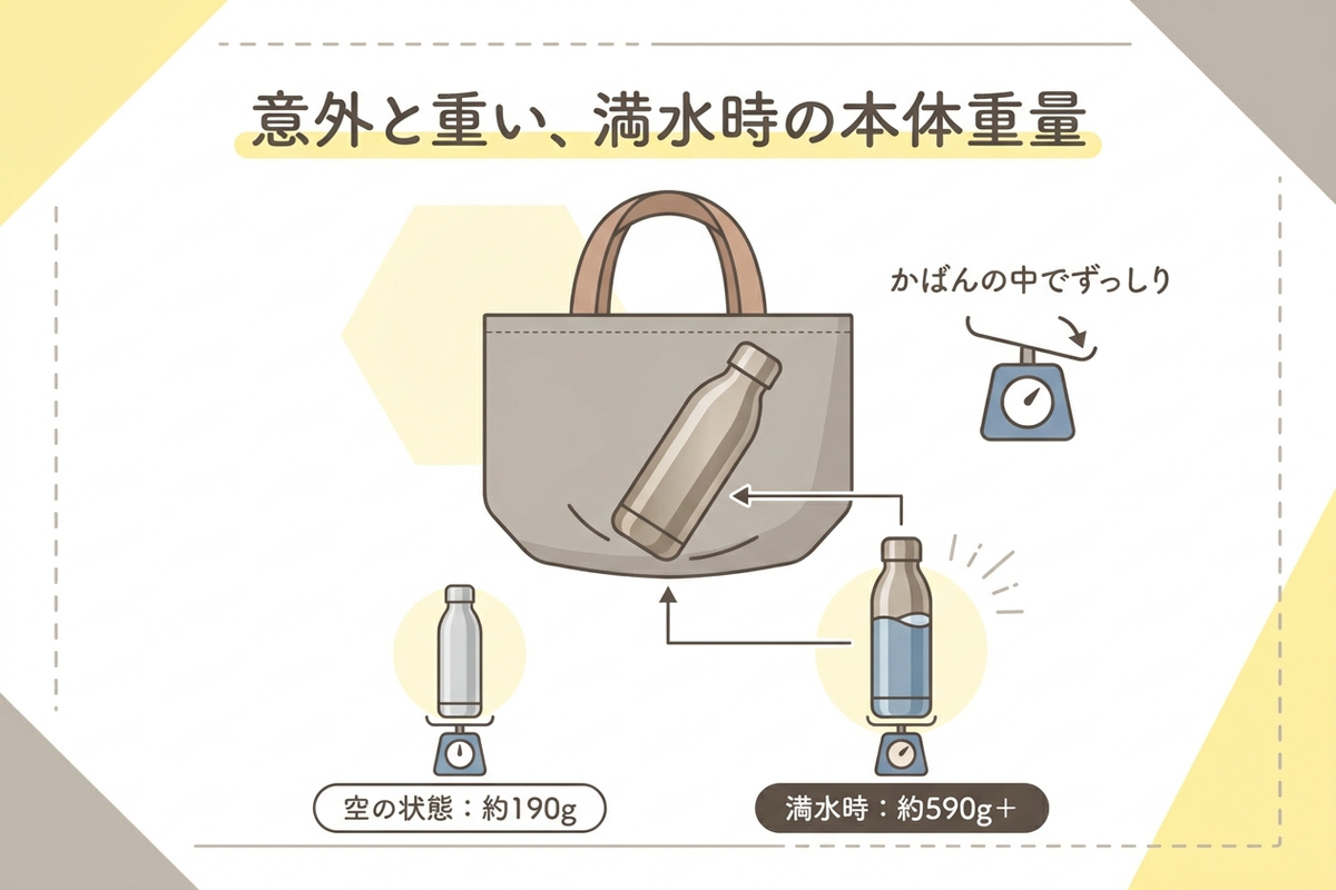 満水時の水筒の重さを示すバッグの図解