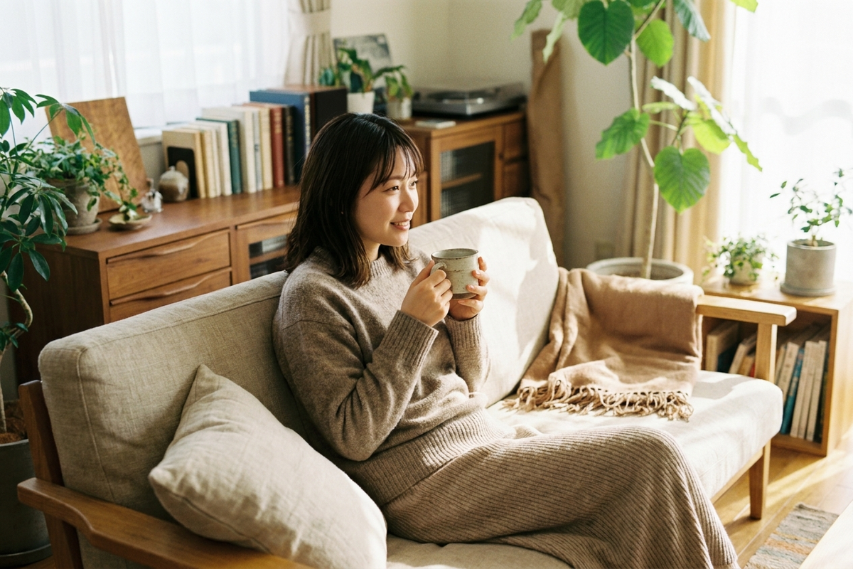 温かい飲み物を手に自宅でリラックスする女性