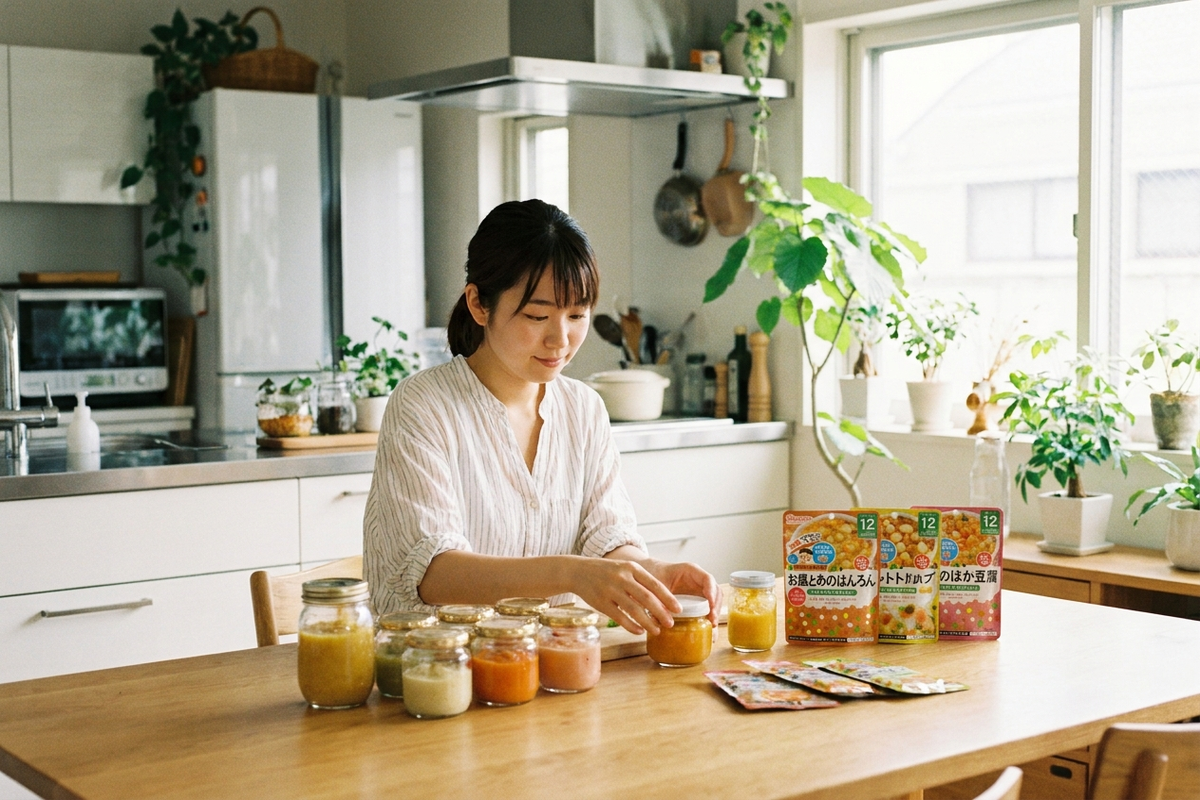 離乳食のベビーフードを準備する女性の手元