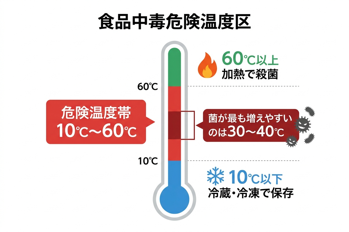 食中毒の危険温度帯を示すインフォグラフィック