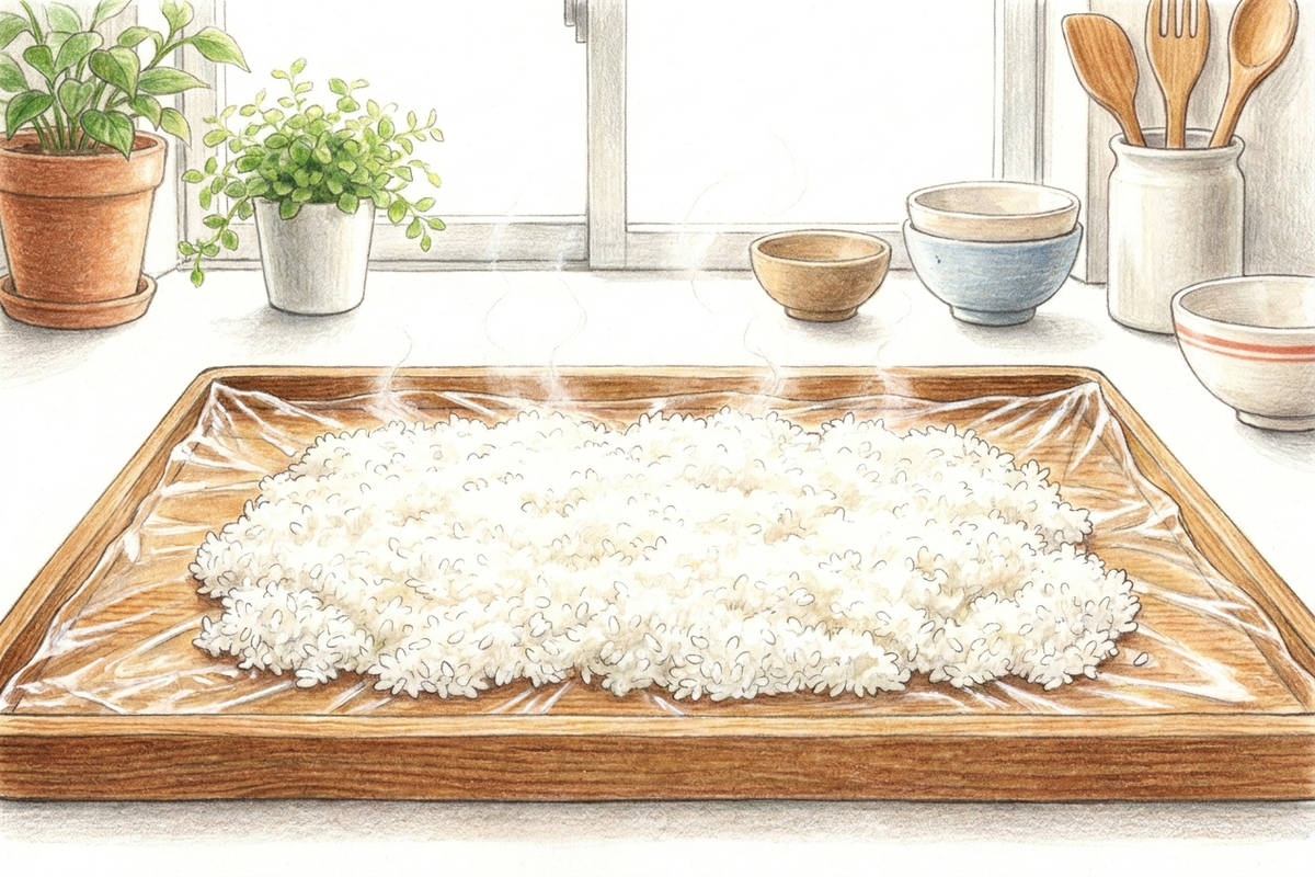 ラップの上に薄く広げて冷ましているご飯