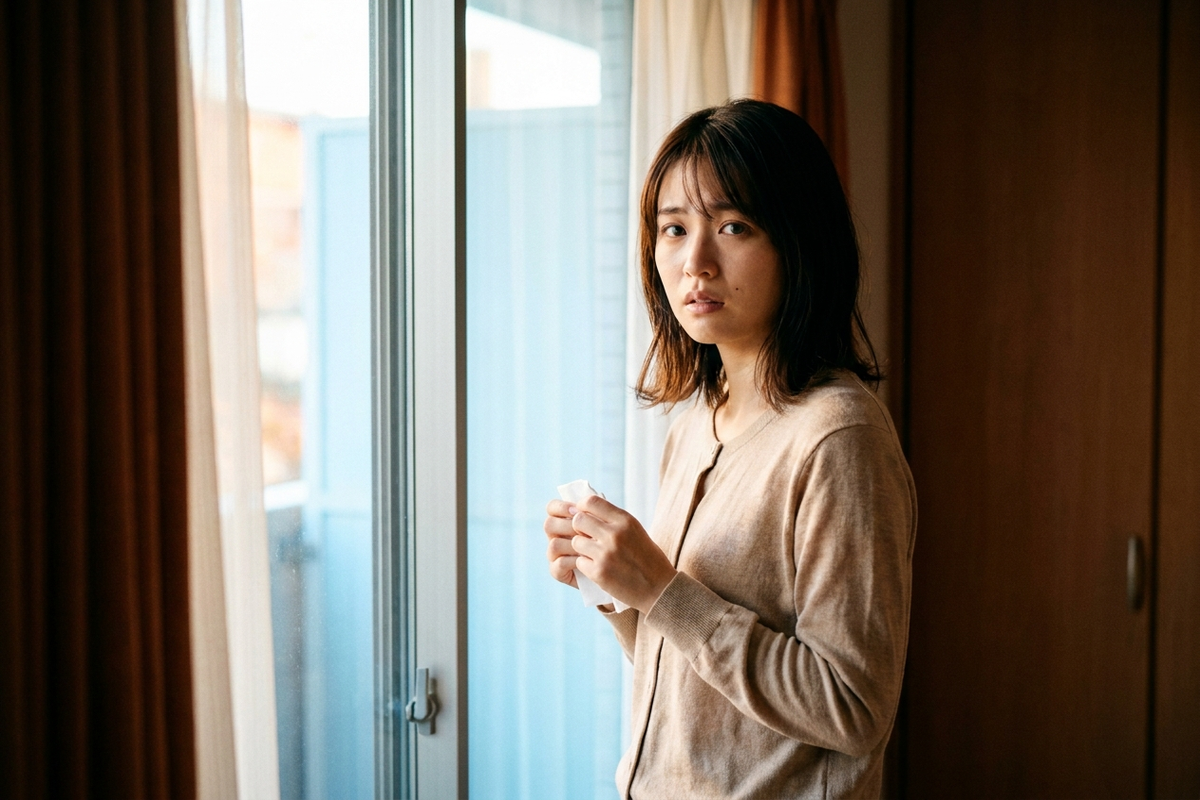 秋の朝、窓辺でティッシュを持ち困った表情をする女性