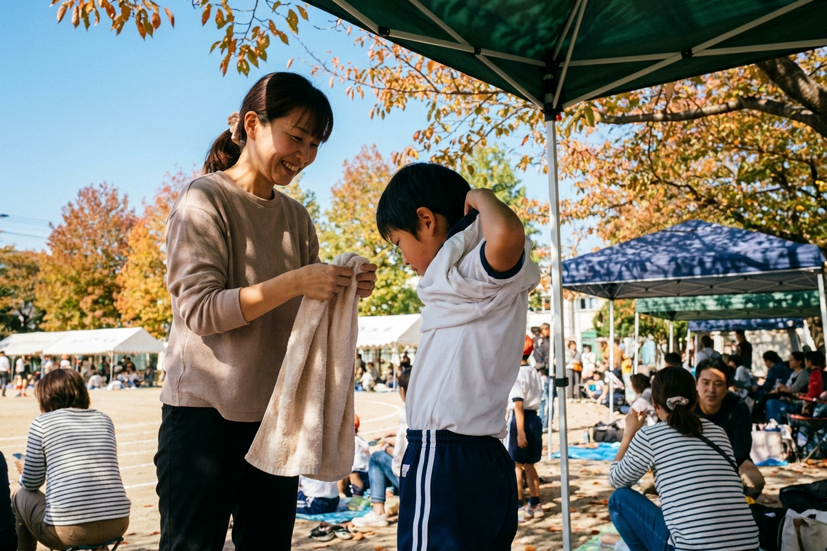 観覧エリアで着替えを手伝う母親と子ども