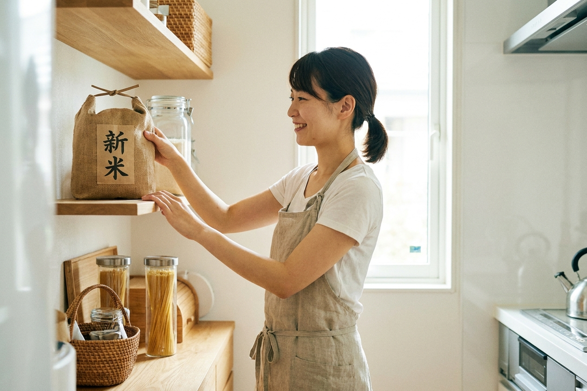 新米の袋を棚に収納する女性