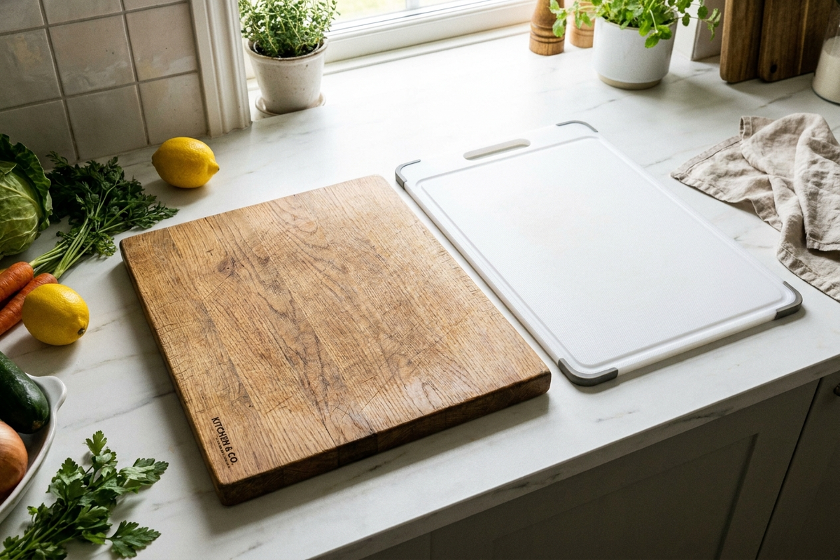 木製まな板とプラスチック製まな板が並んだキッチンの様子