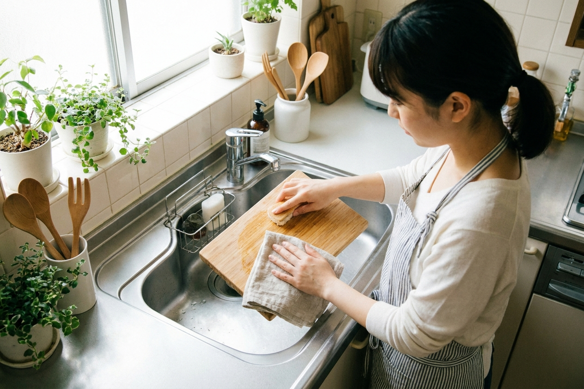 まな板の黒ずみ・ぬめり、漂白剤なしで防げる？除菌スプレーとの正しい使い分け【2026年版】