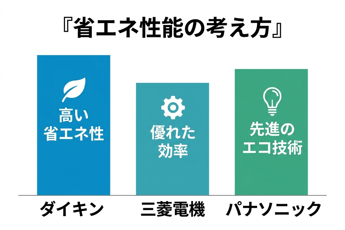 省エネ性能の考え方を示す3社比較のイメージ図