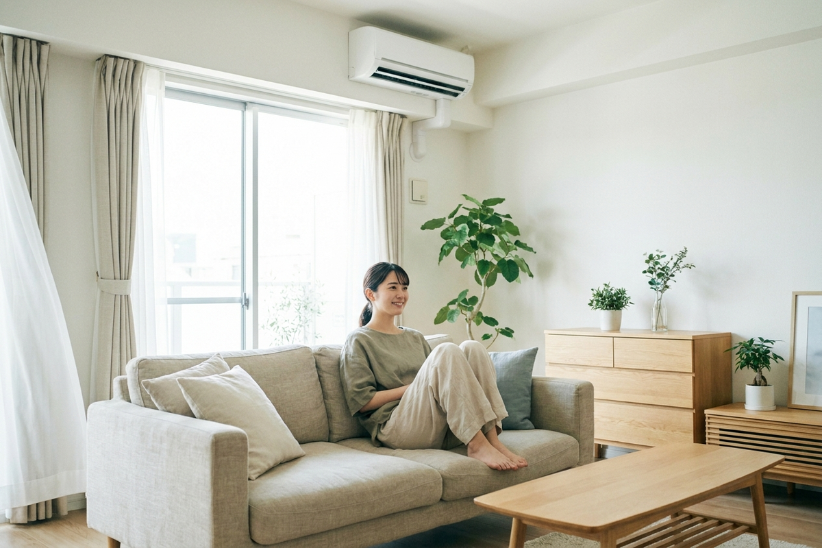 リビングでエアコンの効いた部屋でくつろぐ女性