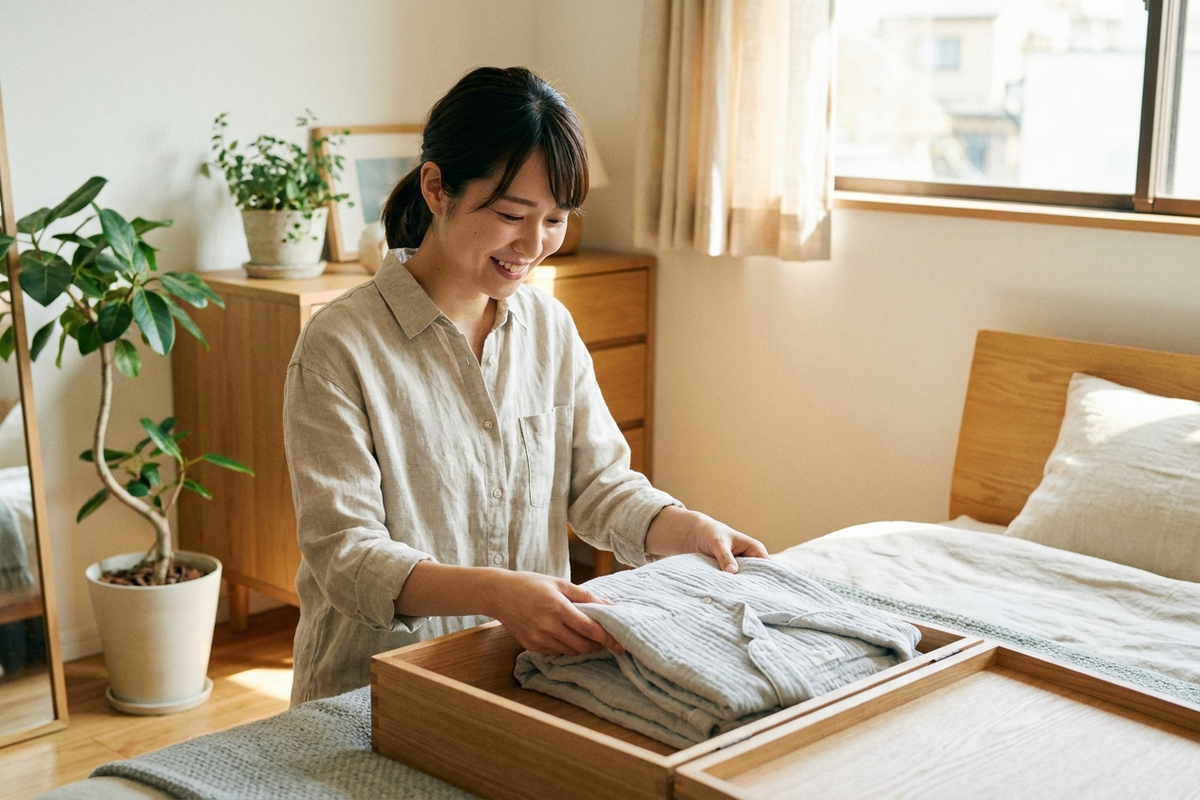 綿100%のガーゼパジャマを整理する女性