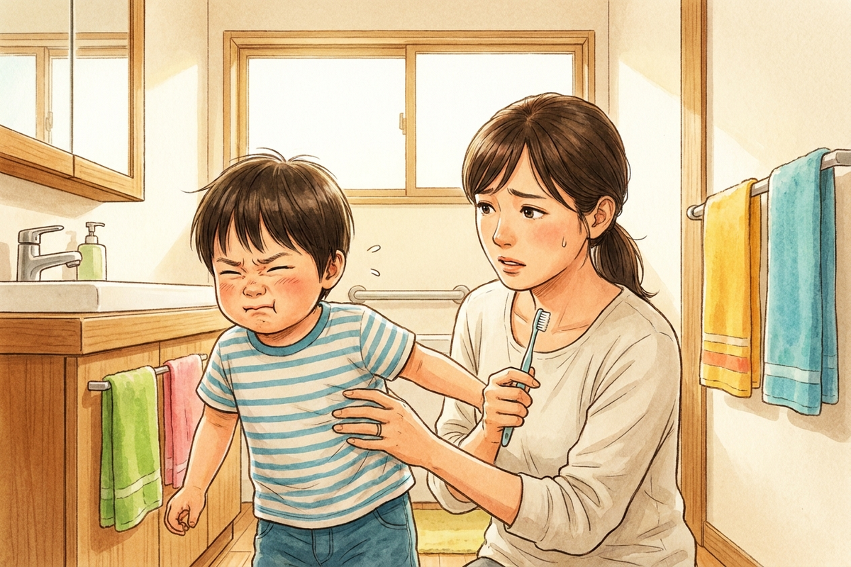 歯磨きを嫌がって顔を背ける子ども