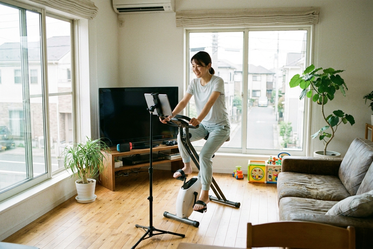 タブレットで動画を見ながらフィットネスバイクを漕ぐ女性