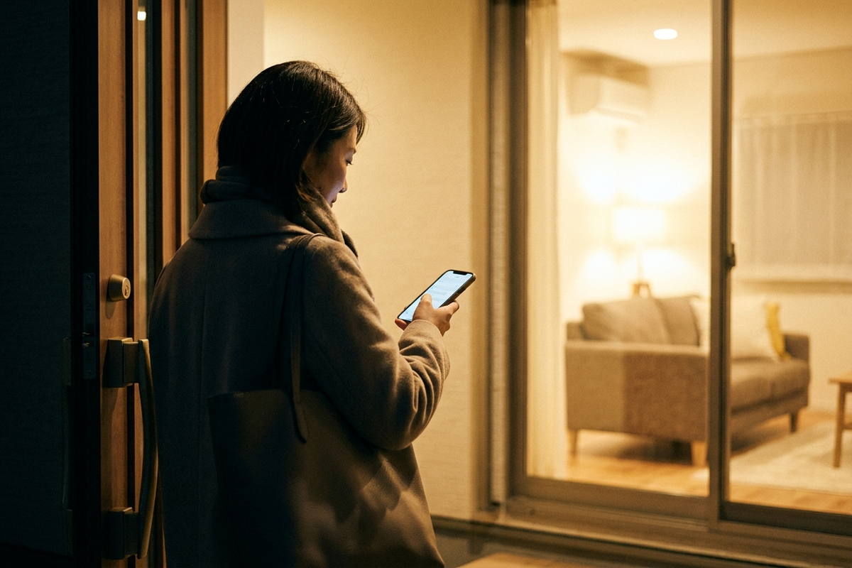 夜、外出先からスマホでエアコンの消し忘れを確認する様子