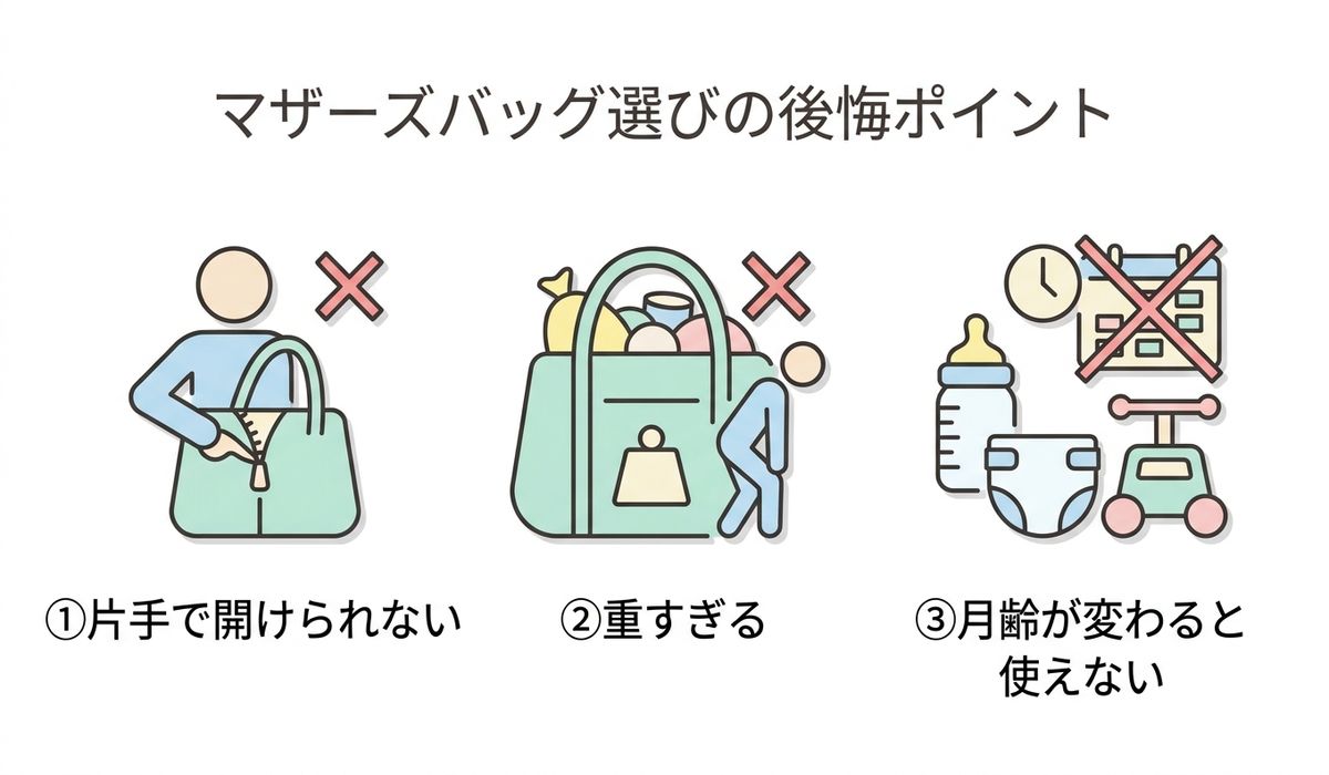 マザーズバッグ選びの後悔ポイントを示すイラスト