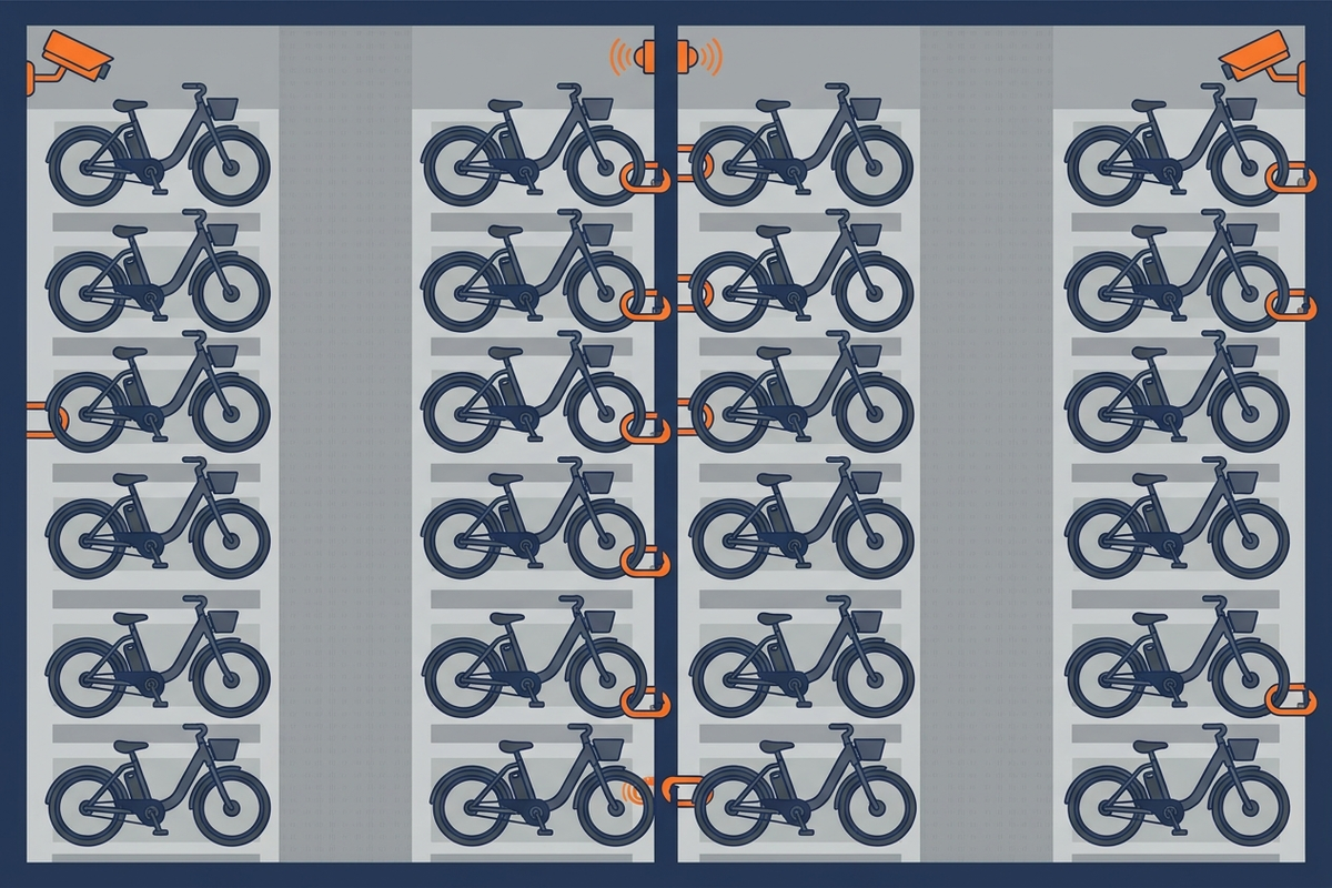 駐輪場に並ぶ電動アシスト自転車のイラスト