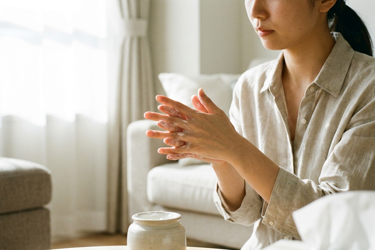 正しいハンドクリームの塗り方を実践する女性