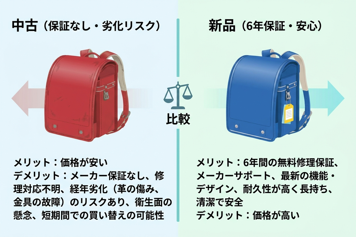 新品ランドセルと中古ランドセルの選び方を比較するイラスト