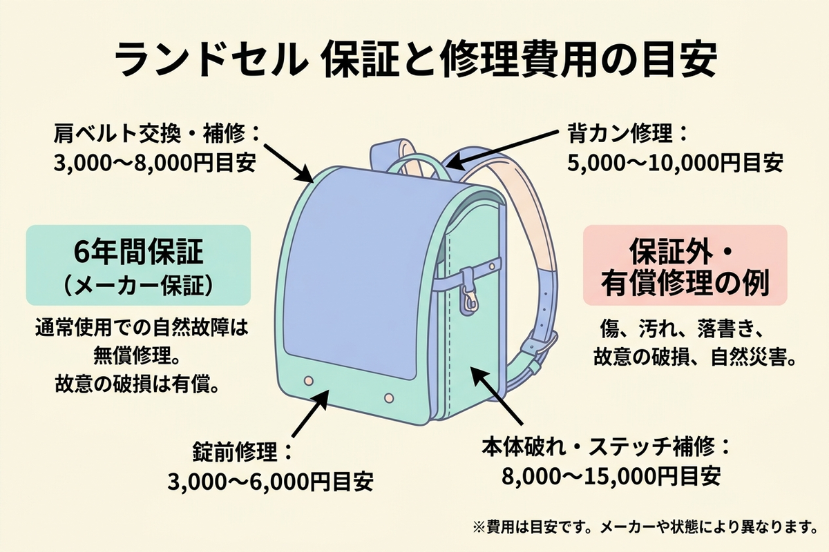ランドセルの保証書と修理費用の目安を示す図解