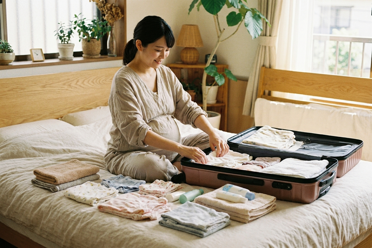 入院バッグに荷物を詰める女性