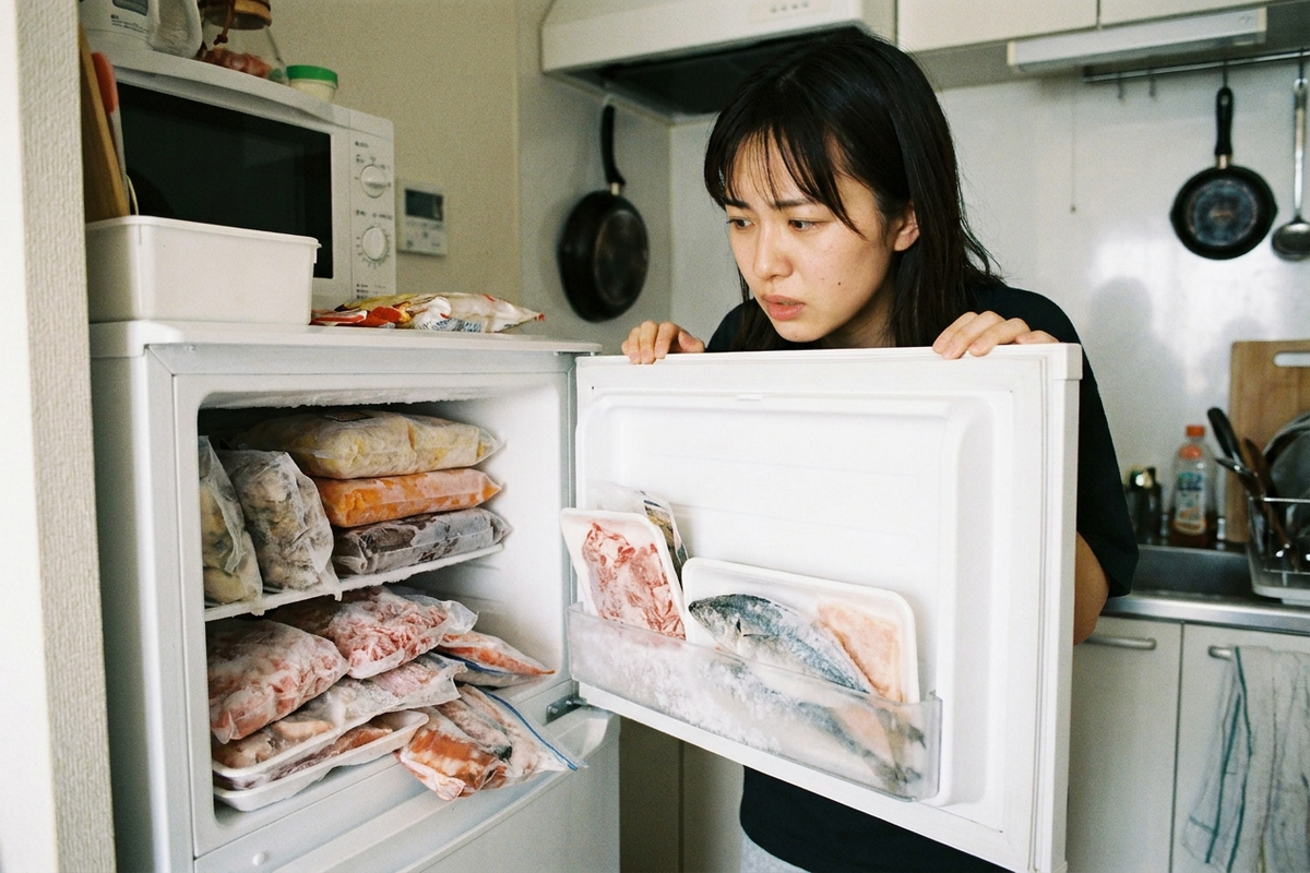 小さな冷凍庫に食品を詰め込みすぎて困る様子