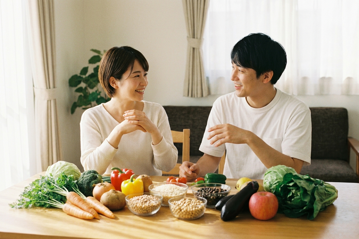 夫婦で食事の栄養バランスについて話し合う様子