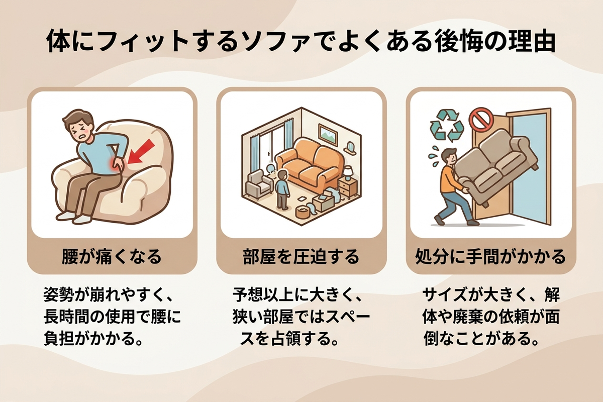 体にフィットするソファでよくある後悔の理由を示す日本語のインフォグラフィック