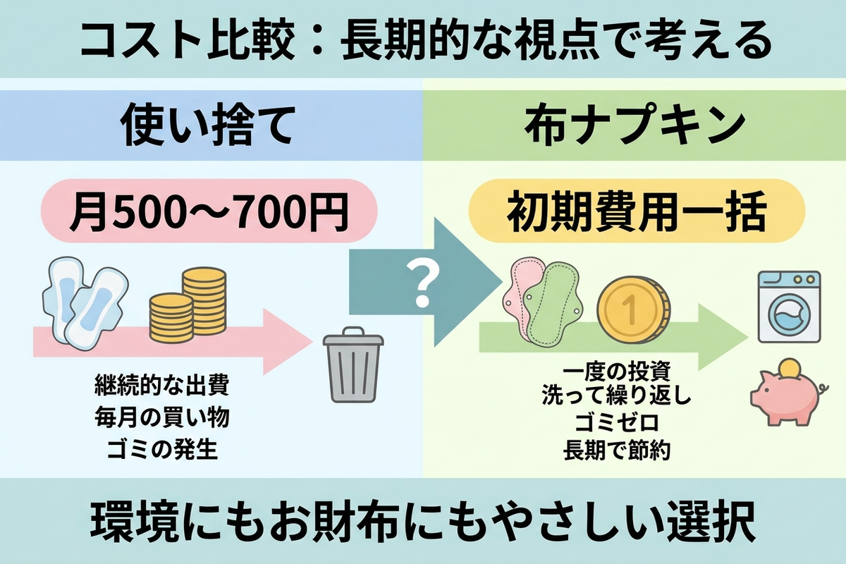 使い捨てナプキンと布ナプキンのコスト構造を比較した図解