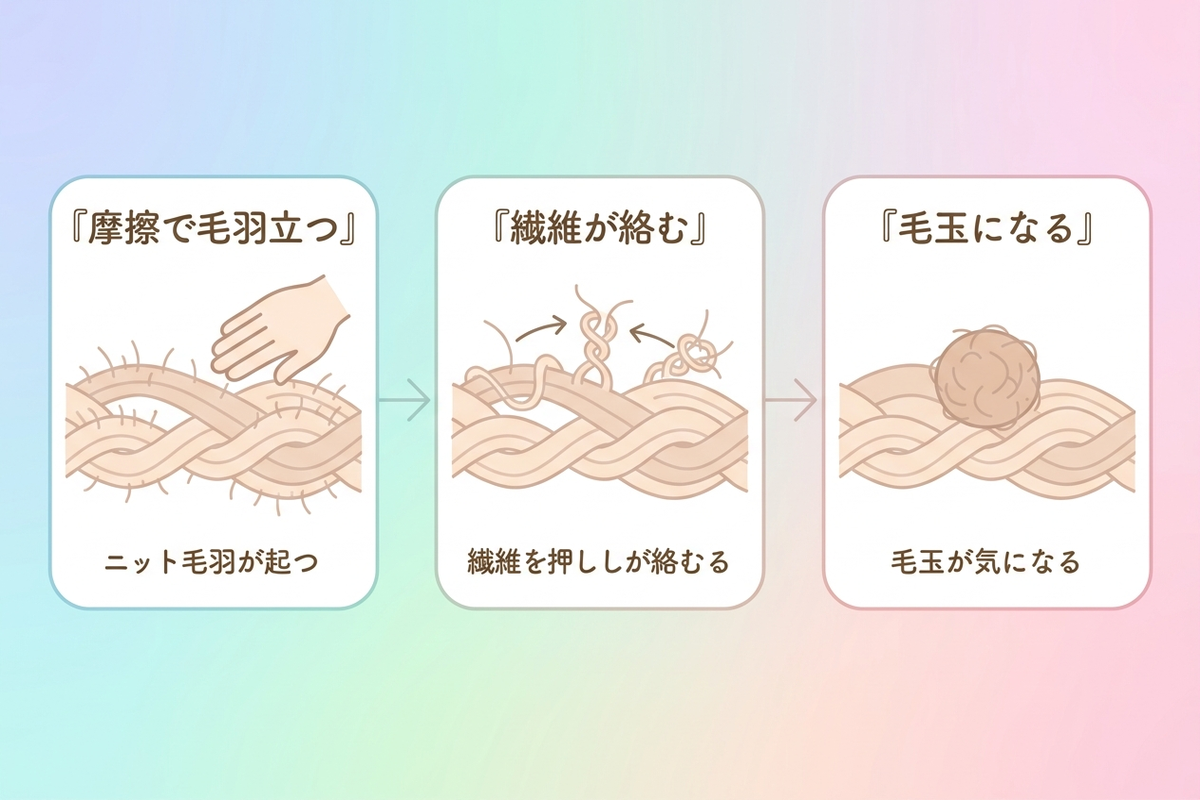 ニットの繊維がこすれて毛玉ができる様子を示す図解