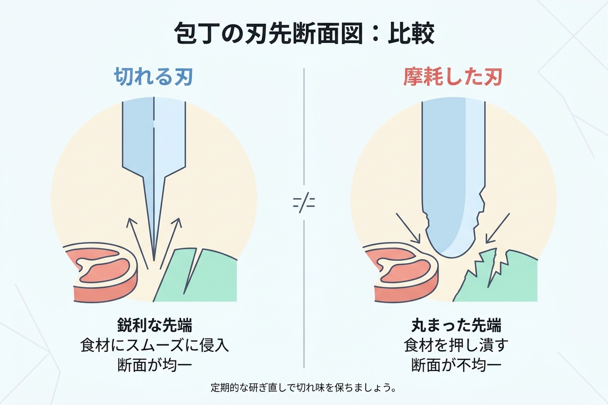 包丁の刃先断面図で切れる刃と摩耗した刃を比較する図解