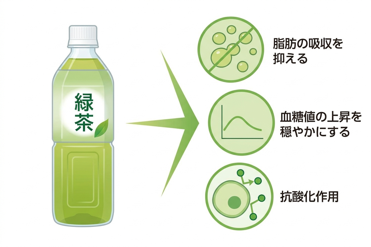 緑茶のペットボトルと茶カテキンの構造をイメージした図